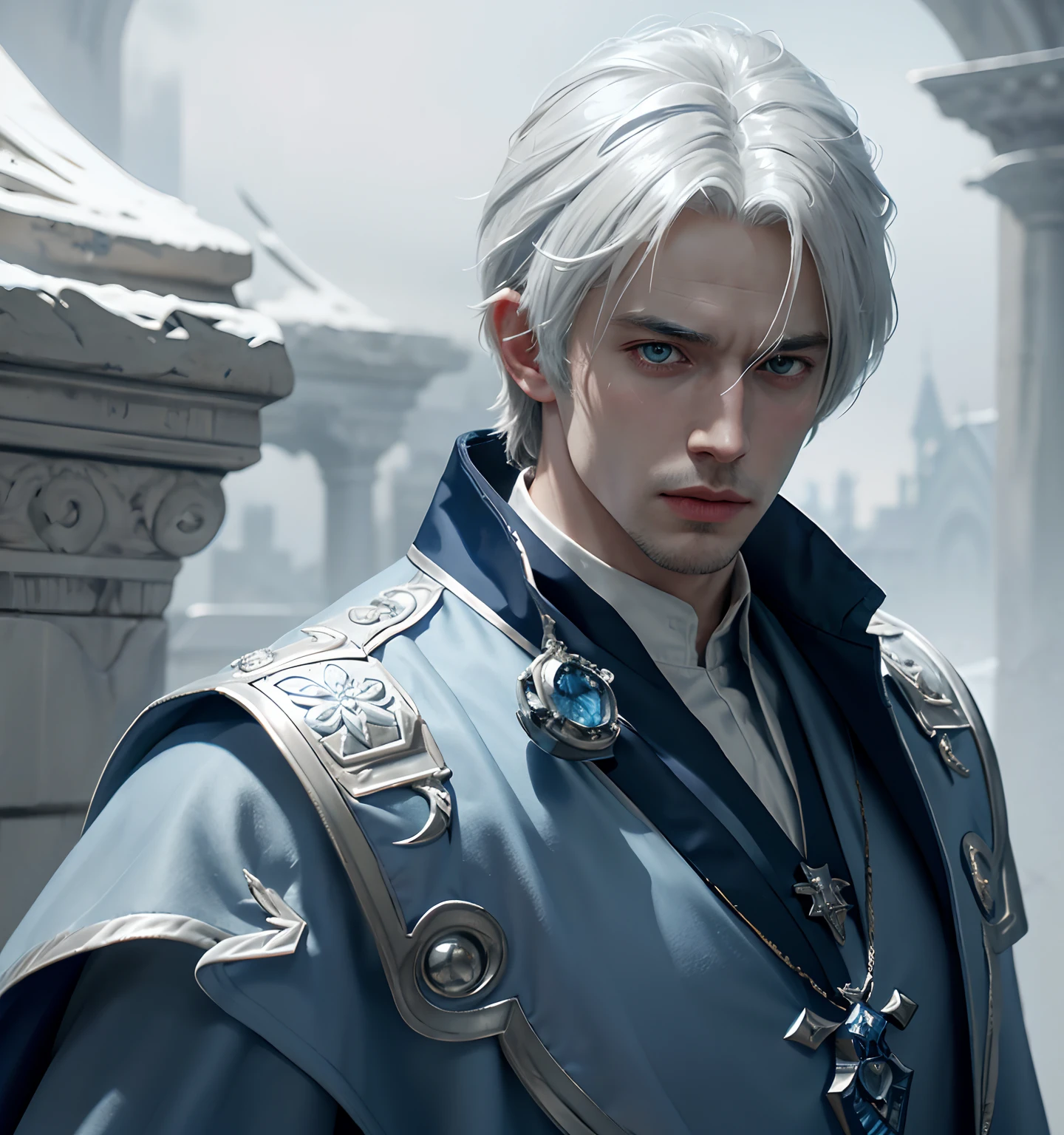 1 young man, white hair and blue dress and blue cape, androgynous noble, delicate androgynous, handsome, royal elegant pose, 1man, stern look, 6th Century catastrophe, post-apocalypse, solo focus, adult, pale and young adult face, palace, realistic, dynamic pose realistic, detailed and correct facial structure, frost ornaments, LEON S. KENNEDY, cinematic lighting, unreal engine, trending on ArtStation, intricate details, masterpiece, best quality, by Irakli Nadar, Greg Rutkowski，(((best quality))),(((ultra detailed))),(((masterpiece)))