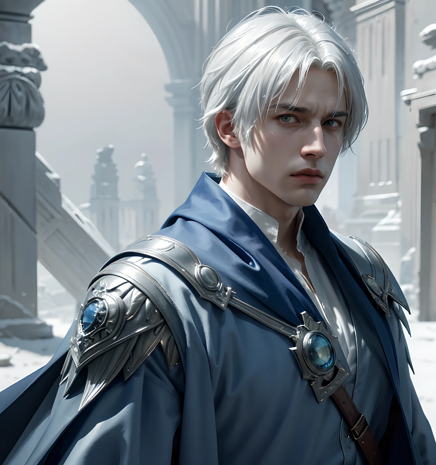 1 young man, white hair and blue dress and blue cape, androgynous noble, delicate androgynous, handsome, royal elegant pose, 1man, stern look, 6th Century catastrophe, post-apocalypse, solo focus, adult, pale and young adult face, palace, realistic, dynamic pose realistic, detailed and correct facial structure, frost ornaments, LEON S. KENNEDY, cinematic lighting, unreal engine, trending on ArtStation, intricate details, masterpiece, best quality, by Irakli Nadar, Greg Rutkowski，(((best quality))),(((ultra detailed))),(((masterpiece)))