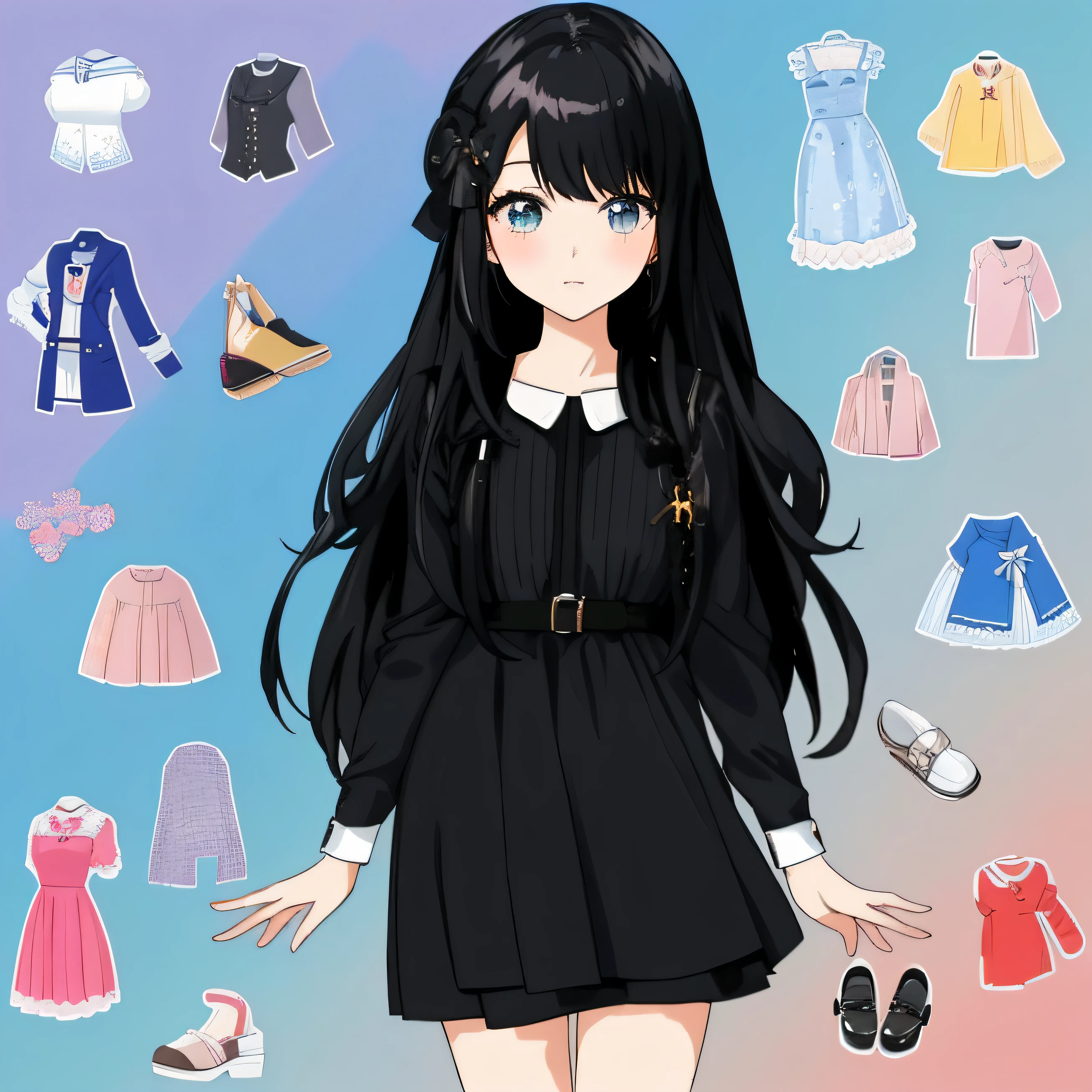 Anime girl with long black hair and black dress surrounded by clothes -  SeaArt AI