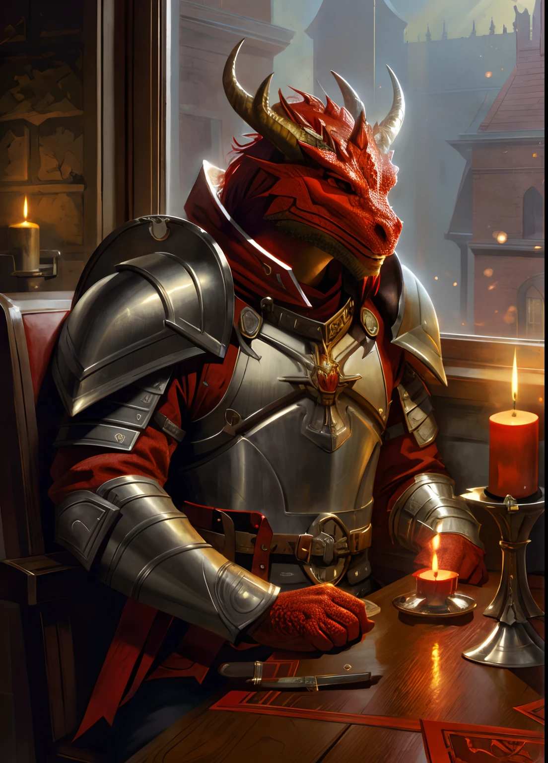 Red Dragonborn, Solo, Male, Holding, Sitting, arma, Male focus, Horns, Artist name, Indoors, Armor, window, Colored skin, chair, Table, Fire, knife, Shoulder armor, chest plate, Candle
, ((Masterpiece, Best quality)), art of greg rutkowski