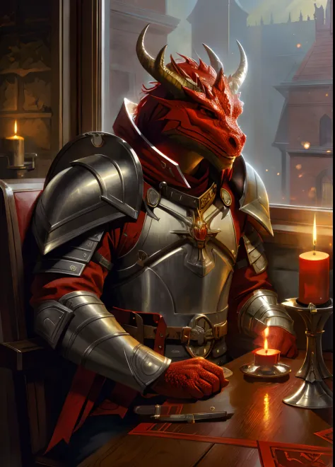 Red Dragonborn, Solo, Male, Holding, Sitting, arma, Male focus, Horns, Artist name, Indoors, Armor, window, Colored skin, chair,...