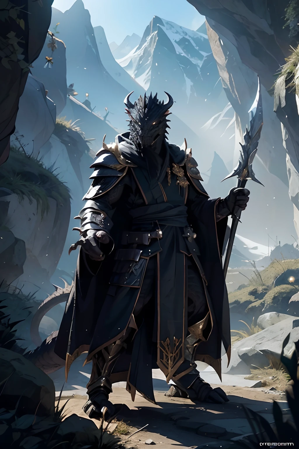 [preto] draconato, em um vale, usa um longo manto，armadura leve，adagas，Bastões longos，Combat posture，dnd