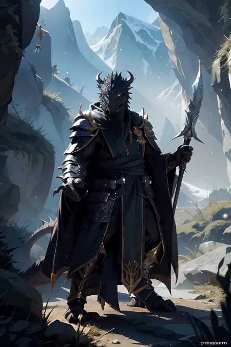 [black] Dragonborn, In a valley, wears a long robe，Light armor，daggers，Long sticks，Combat posture，DND