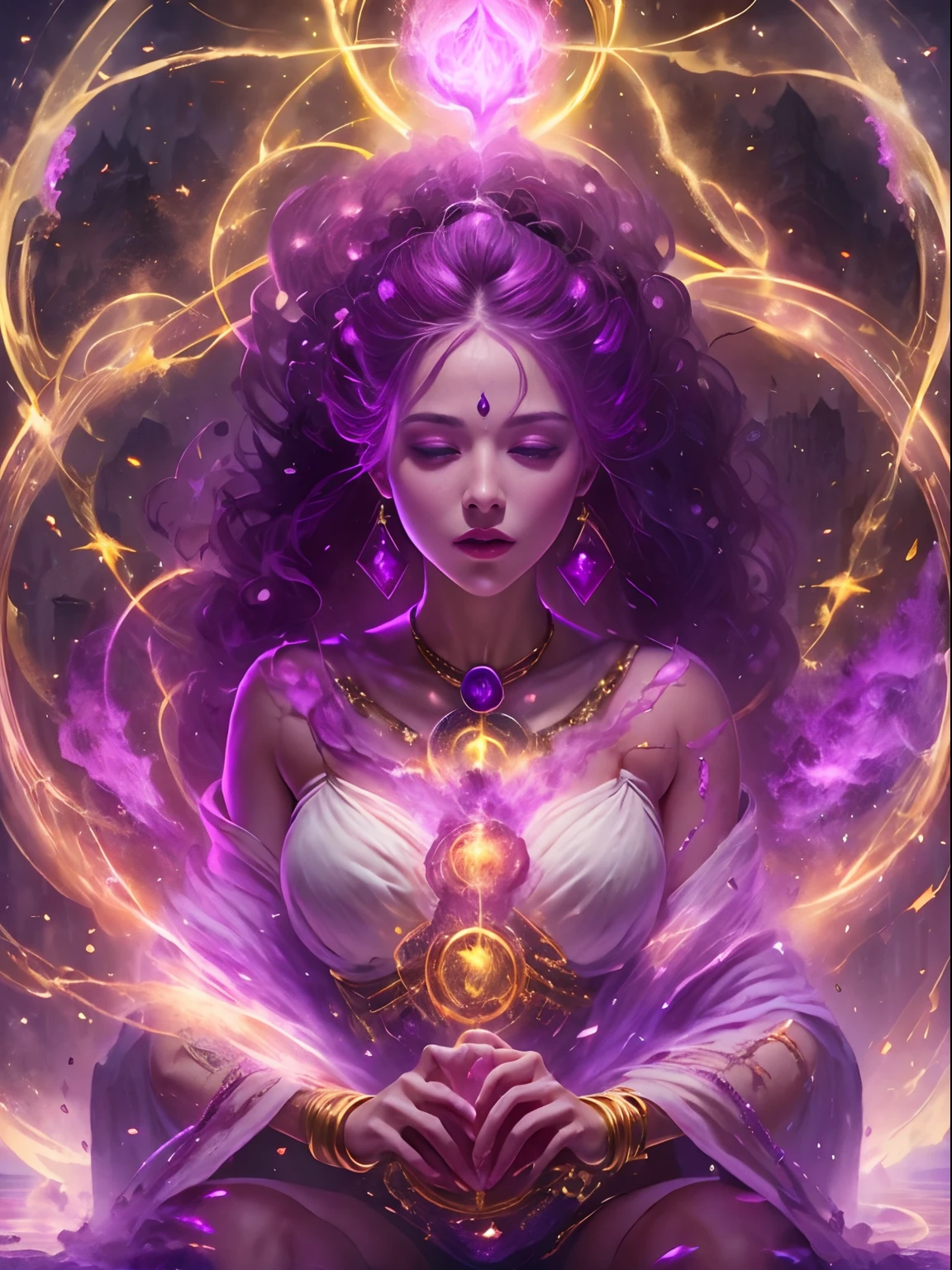 Immortal goddess, super beautiful, 8k, super big breasts, meditating, light white cloth covering part of her body, sitting cross-legged, golden glowing magic circle rotating behind her, magical magenta aura surrounding her parts, magical magenta flame, fantasy, milky way background, (4  elements, fire, water, wind, earth, surround it),