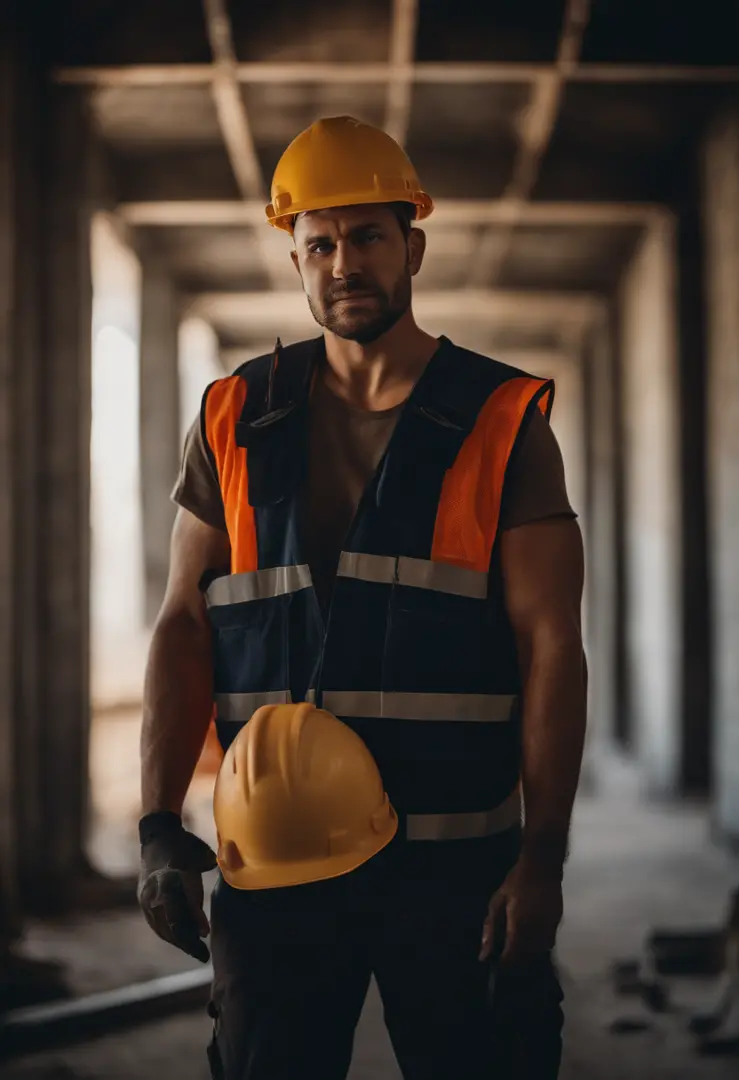 Portrait of a construction worker，lightand shade contrast，Ultra-detailed details，The background is an unfinished construction site，Huge unfinished building1:2,8K