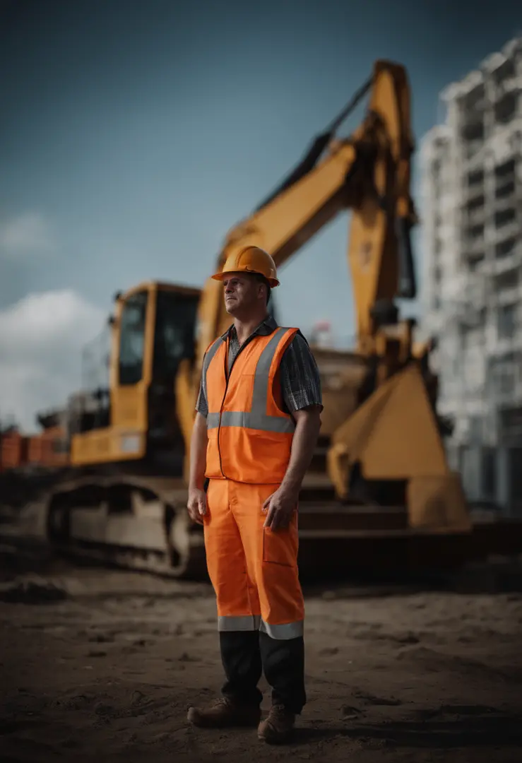 Portrait of a construction worker，outside，lightand shade contrast，Huge construction machinery，Ultra-detailed details，In the background is an unfinished construction site，Huge unfinished building1:2,8K