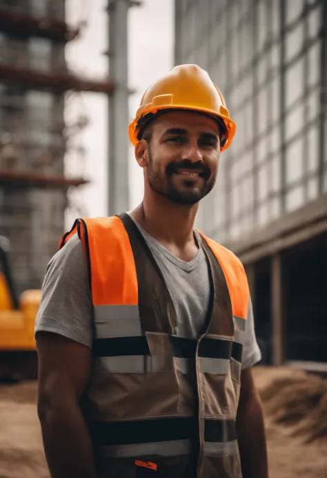 Portrait of a construction worker，outside，lightand shade contrast，Detailed facial details，sweat profusely，Large construction machinery，Ultra-detailed details，In the background is an unfinished construction site，Huge unfinished building1:2,8K
