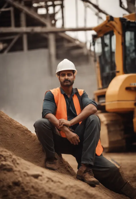 Portrait of a construction worker，indian style，outside，lightand shade contrast，Detailed facial details，Sweat profusely，Large construction machinery，Ultra-detailed details，In the background is an unfinished construction site，Huge unfinished building1:2,8K