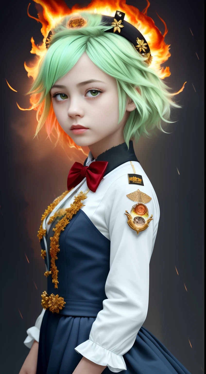 masterpiece,best quality, illustration,{beautiful detailed girl},beautiful detailed glow,(flames of war:1.2),(nuclear explosion behide:1.3),rain,detailed lighting,detailed water,(beautiful detailed eyes:1.1),expressionless,palace,light green short hair,disheveled hair,long bangs,hairs between eyes,(white blue dress:1.1),black ribbon,white bowties,midriff,big forhead,blank stare,flower,long sleeves