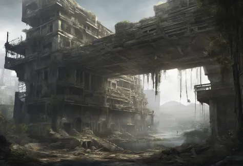 floating Decaying ruined cities and land in the sky, where once a prosperous city was formed, but the buildings made of stone and wood have decayed and are dominated by the life force of plants and trees. Collapsed and collapsed buildings, Collapsed roof, ...