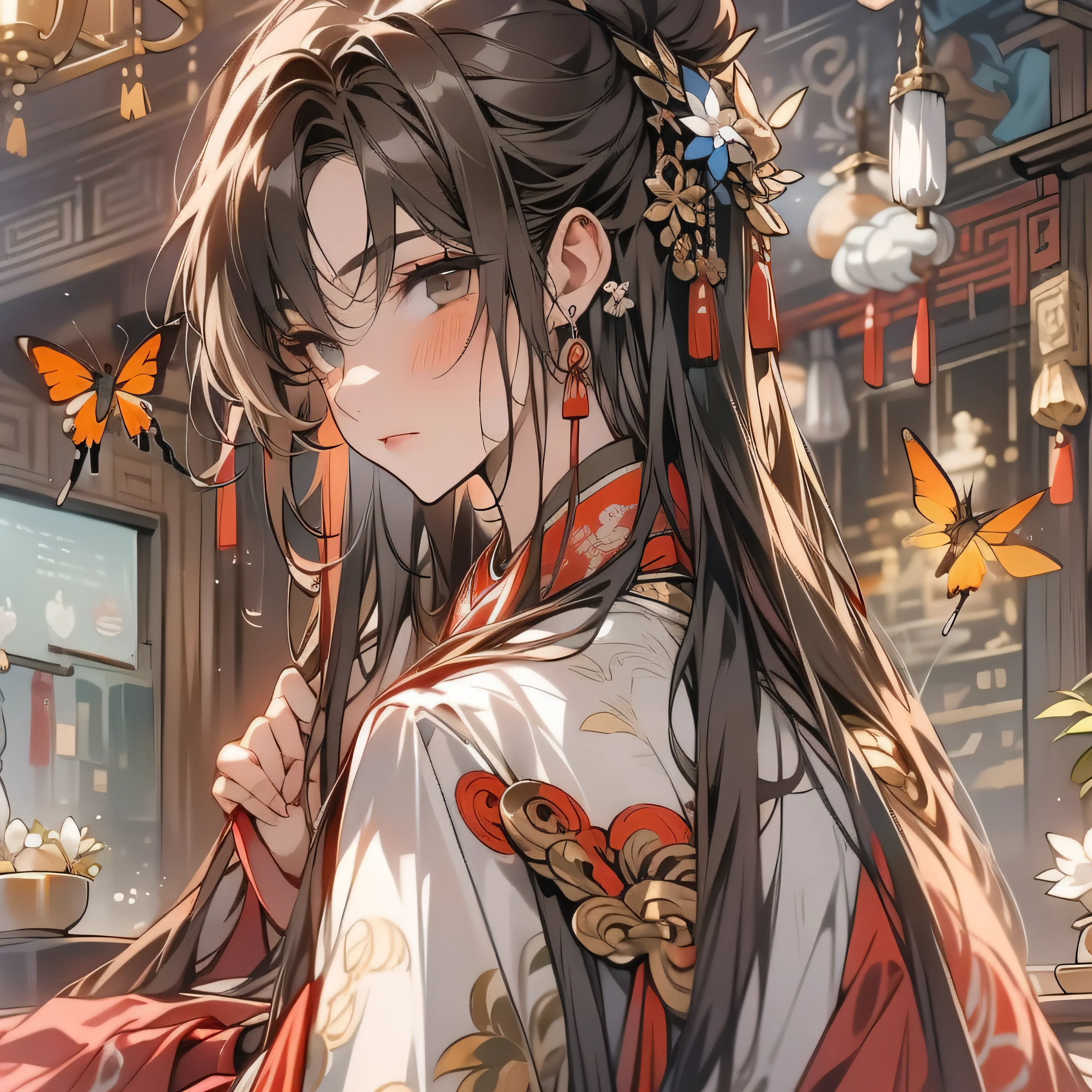 long hair flowing，surrounded by cloud，Adult male，butterflys, male people, Dark brown hair,Chinese antique chandelier，gray pupil，peony flower ，Flowing sleeves，Brown hair, Red and white antique clothes, view the viewer, Inside the inn, Antique inn,Chinese ancient style，tables and chairs, Large stage, sitted, full bodyesbian,Antique satin, sitted