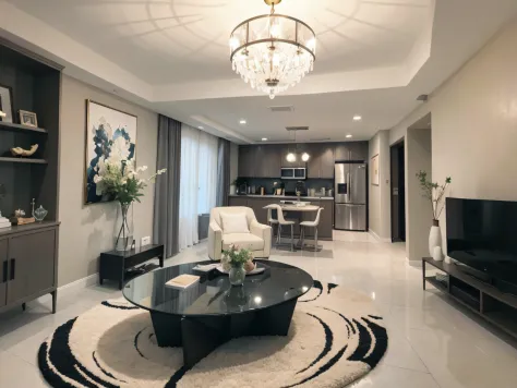 ，masterpiece, best quality，8k, ultra highres，Step into this living room，It is as if entering an abstract painting。The entire space adopts a black, white and gray tone，Simple and layered。Large black and white oil paintings hang on the walls，The lines are in...
