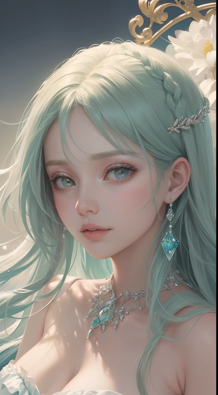 (Obra maestra de ultra alta calidad，Beautiful bust of an 18-year-old noble girl，Delicate classic rolled hair，Cabello suelto color verde pastel，Los ojos son brillantes y color verde pastel，Floral crafts，cristal、diamond jewelry，Detalles ultrafinos，Soft lighting)