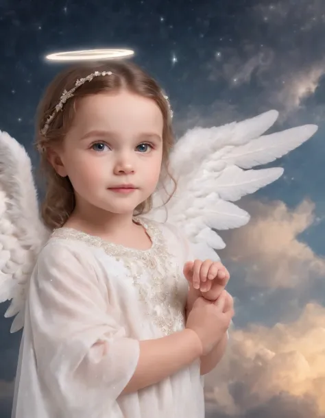up close photo of(adorable little angel:1.5),(desenho animado:1.3),(sky with starry clouds:1.2)