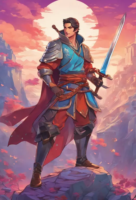 character bust of a swordsman, hand drawn cartoon illustration, Solid and vivid background, Fine, detailed scale, Soft lighting, game character, upper body, Created by Lois Van Barl and Reusch and Ross Tran and Ross Drås and Sam Yang and Sam Ess Arts and A...
