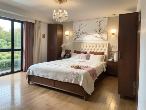 ，Masterpiece, Best quality，8K, 超高分辨率，Step into this bedroom，It's like traveling through a time tunnel，Come to the court of the 18th century。The walls are hung with ornate carved murals，Golden lights illuminate the entire space。At the head of the bed is a b...