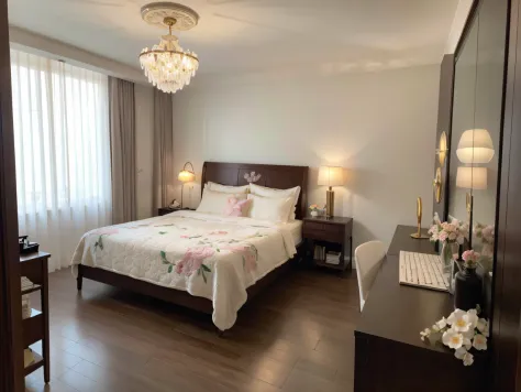 ，Masterpiece, Best quality，8K, 超高分辨率，Step into this bedroom，It's like traveling through a time tunnel，Come to the court of the 18th century。The walls are hung with ornate carved murals，Golden lights illuminate the entire space。At the head of the bed is a b...