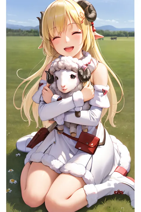 (masterpiece:1.2), (best quality:1.2), extremely detailed, (beautiful face), (perfect face), (perfect hands), (photorealistic:1.3), highres, outdoors, village, sheep farm, in field, farming, , looking to the side, lots of sheep, Tsunomaki Watame, long hair...