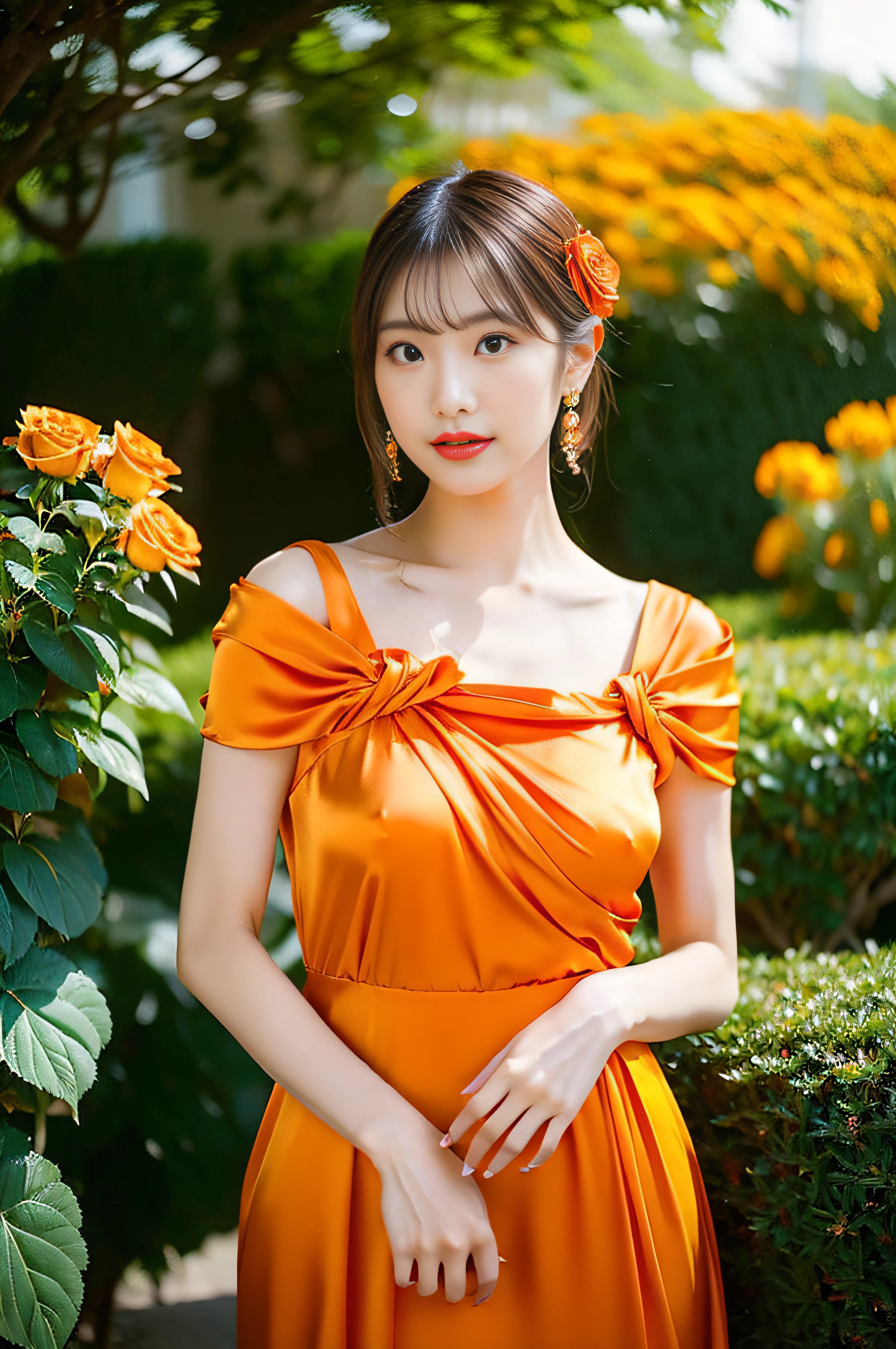 A woman in an orange dress posing for a picture in a garden - SeaArt AI