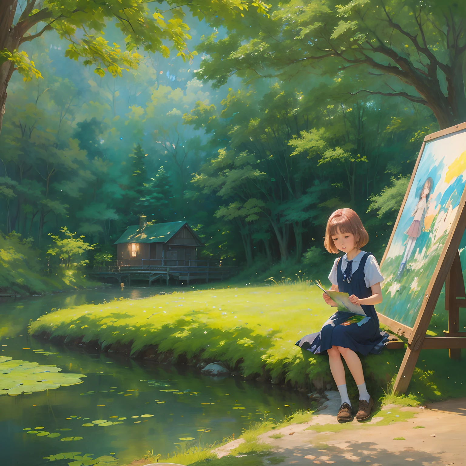 a secret hidden away place, where a young girl sits and paints her dreams in a keepsake notebook, anime art style, impressionist art style, 8k resolution , studio Ghibli, in the style of Louse Carrol, Katsuhiro Otomo