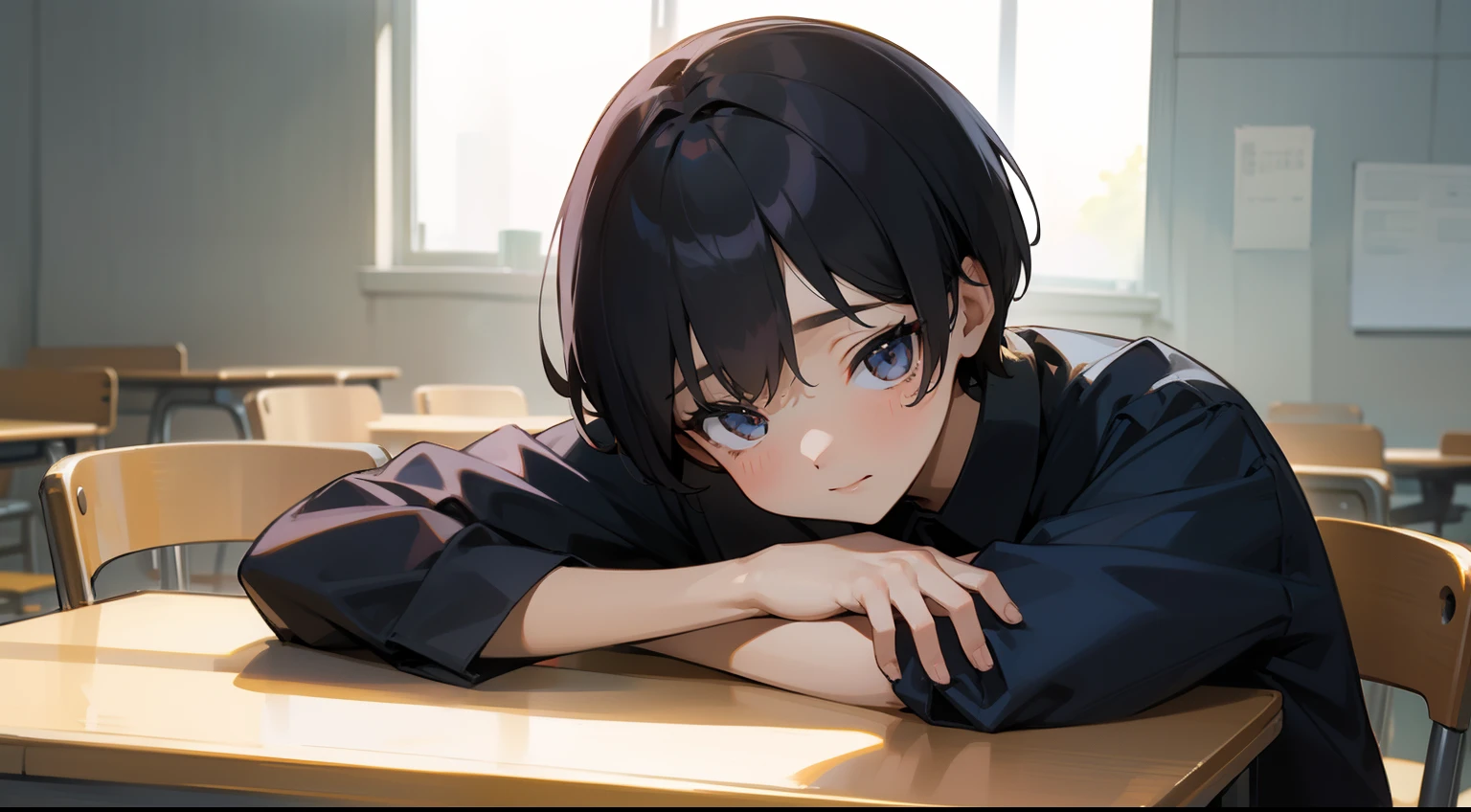 Anime character sitting at a desk with his arms folded over his head -  SeaArt AI