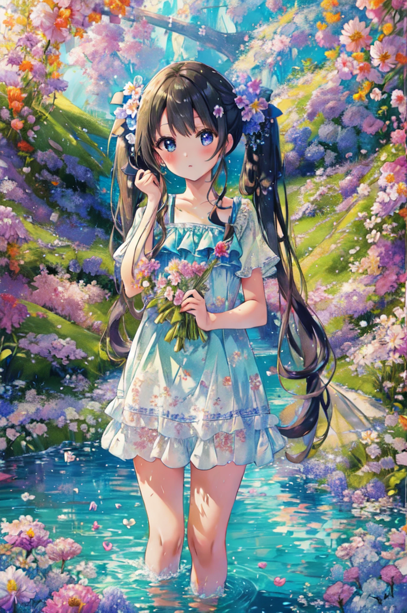 (8k, top-quality, ​masterpiece:1.2, nsfw, Wide-angle field of view,Maximum amount of information),Cutest,Cute girl,mesugaki,Lots of flowers, Beautiful face,Beautiful eyes,Beautiful hair, lake, bathing in water,Super long hair,holding twintails, Facial expressions of love, see through micro bikini,from below,