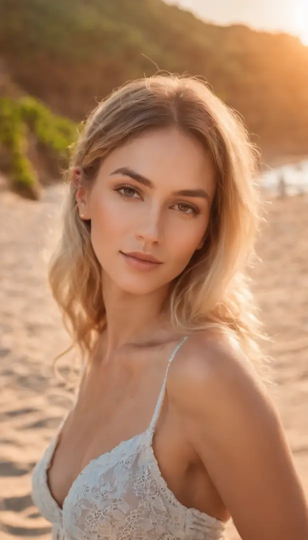 Hawaii,a lovely Extremely low angle full-length photo of a gorgeous young blonde girl in braids and bikini straw hat on the beach in sexy pose, looking at the camera with a mischievous smile, beach,Coconut trees, sea, waves, waterao Fundo, uma praia, Beaut...