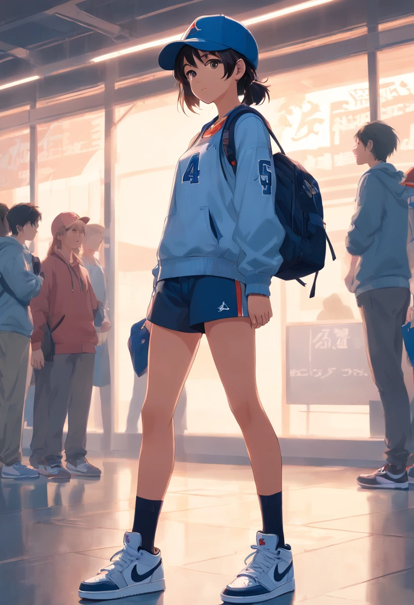 Anime girl in blue jacket and shorts with backpack and backpack - SeaArt AI