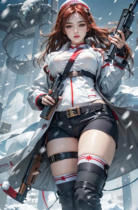 Photorealistic, high resolution, 1womanl, Solo, Hips up, view the viewer, (Detailed face),Red hair, Long hair, Nurse outfit, Stockings，Snow background, Girl aiming AK-47 assault rifle