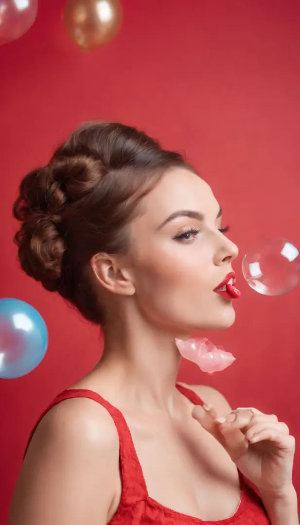 happy woman with vintage hairstyle wearing retro clothes, blowing bubble gum, on red background in studio, vibrant colors, bokeh style, in the style of ultrafine detail, high quality photo, medium close up