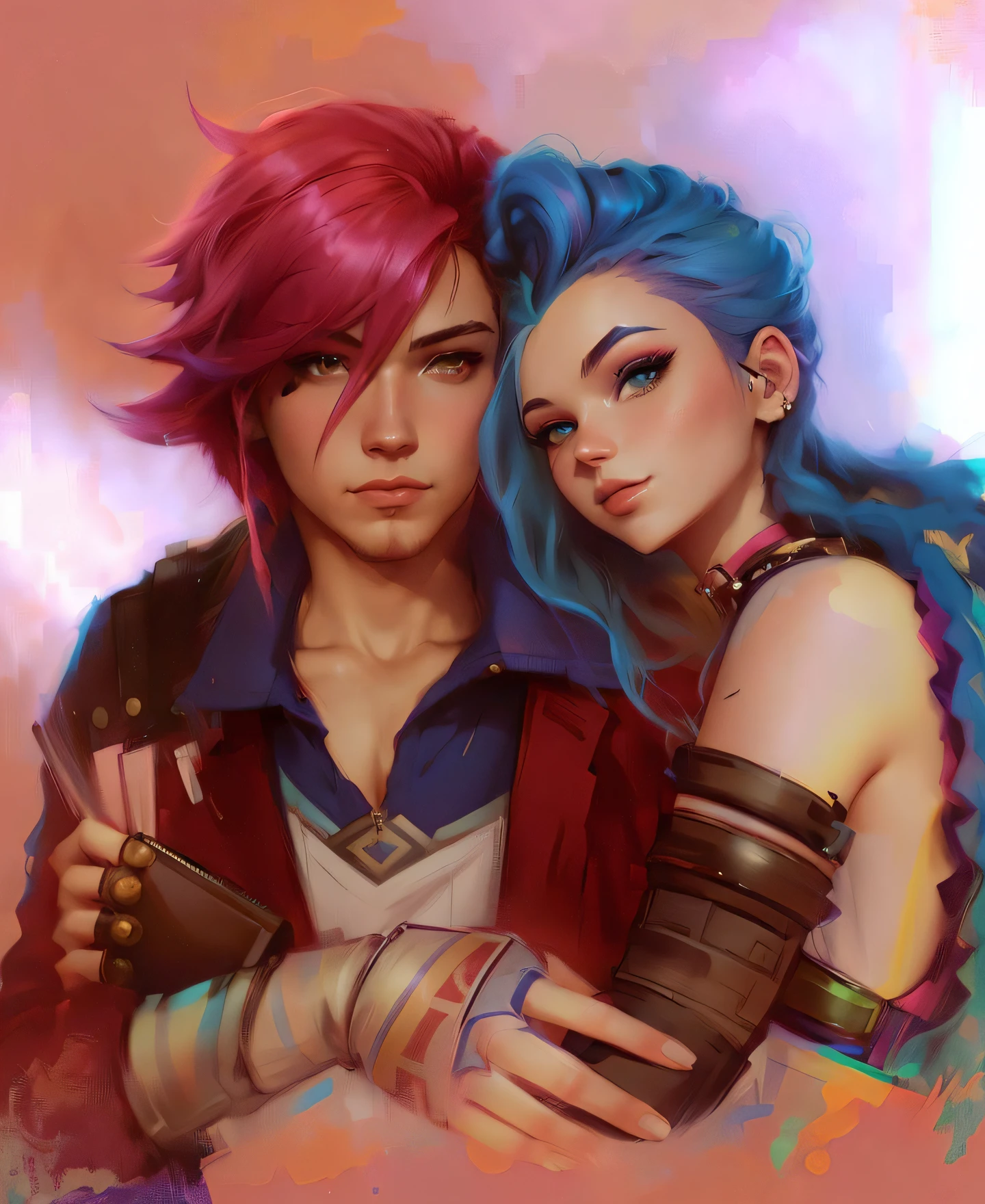 A painting of two women with blue hair and pink hair, lois van baarle and rossdraws, jazza and rossdraws, artgerm and lois van baarle, artgerm and genzoman, red and cyan, anato finnstark and alena aenami, rhads and lois van baarle, rossdraws and jazza