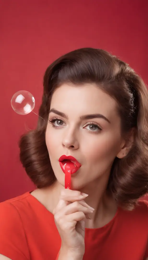 happy woman with vintage hairstyle wearing retro clothes, blowing bubble gum, on red background in studio, vibrant colors, bokeh style, in the style of ultrafine detail, high quality photo, medium close up,medium shot