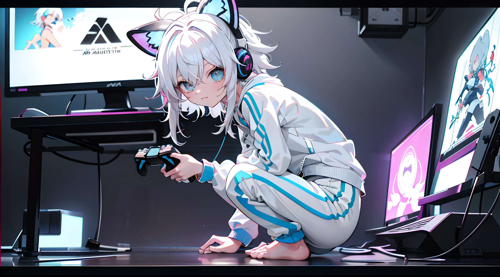 masutepiece, Best Quality, Colorful, Teenager with white hair, (((messy hair style))), 1 girl, Light blue slanted eyes, tusk, Touching the translucent panel, In dark voids filled with small strong light particles, ((((White tracksuit, White shorts, Barefoot)))), Playing games, (((holding game controller, game pad))), (((squat))), streamer, Many computer screens, Monitors, ciber, Dramatic viewing angles, Dynamic Pose, (Close-up of face focus:1.2), wearing cat ear headphones, Contrasty, color combination, Bright, depth of fields, High resolution, high intricate detailed, Dramatic shadows, Global Illumination