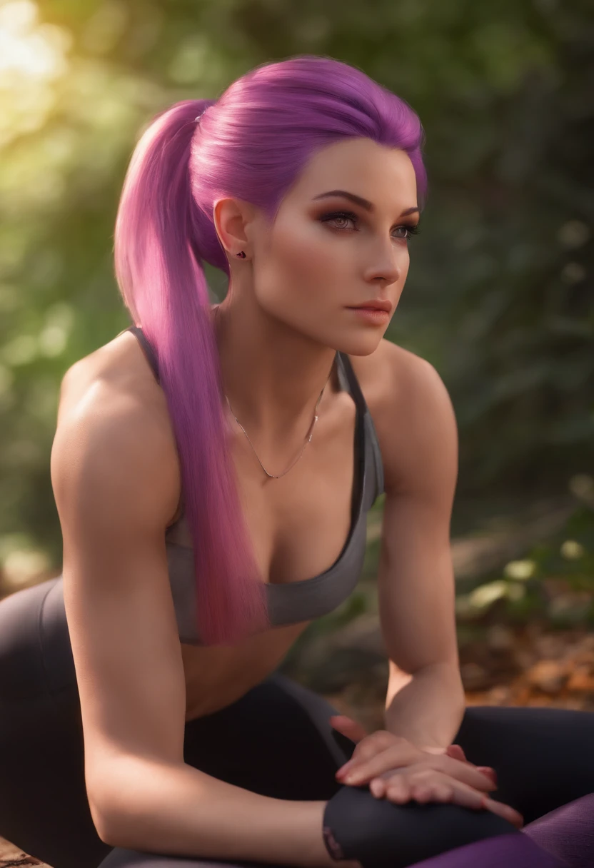 A woman with purple hair and a ponytail sitting on a bench - SeaArt AI