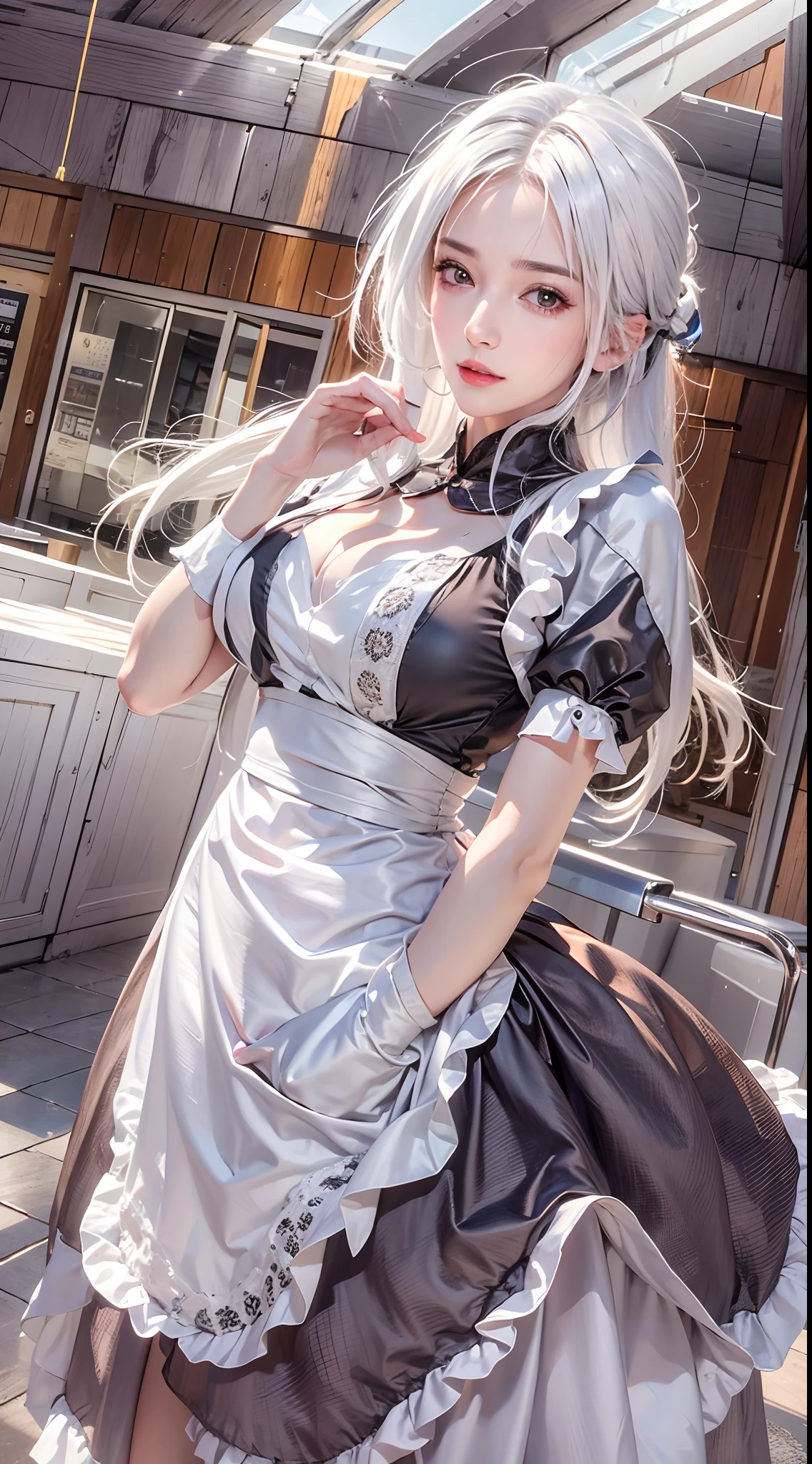 photorealistic, high resolution, 1women, mature female, solo, hips up, look at viewer, (detailed face), white hair, long hair, maid costume