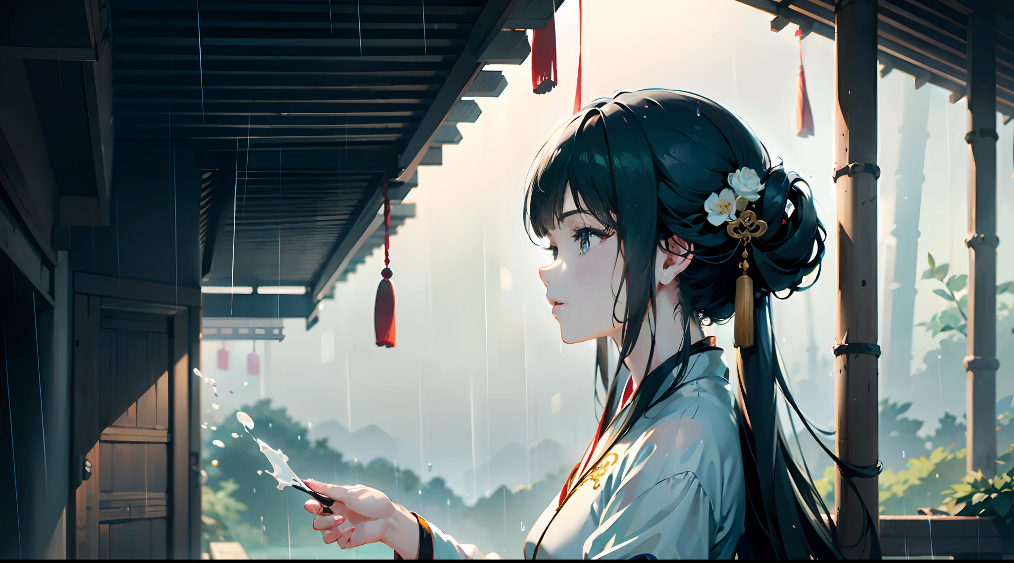 Best quality,masterpiece,ultra high res,photorealistic,1 girl,white silk Hanfu,dripping eaves,stone,setting under the eaves contemplating,(real rain),bamboo groves,small streams,leaning_back the wall,panorama,(dynamic angle)，