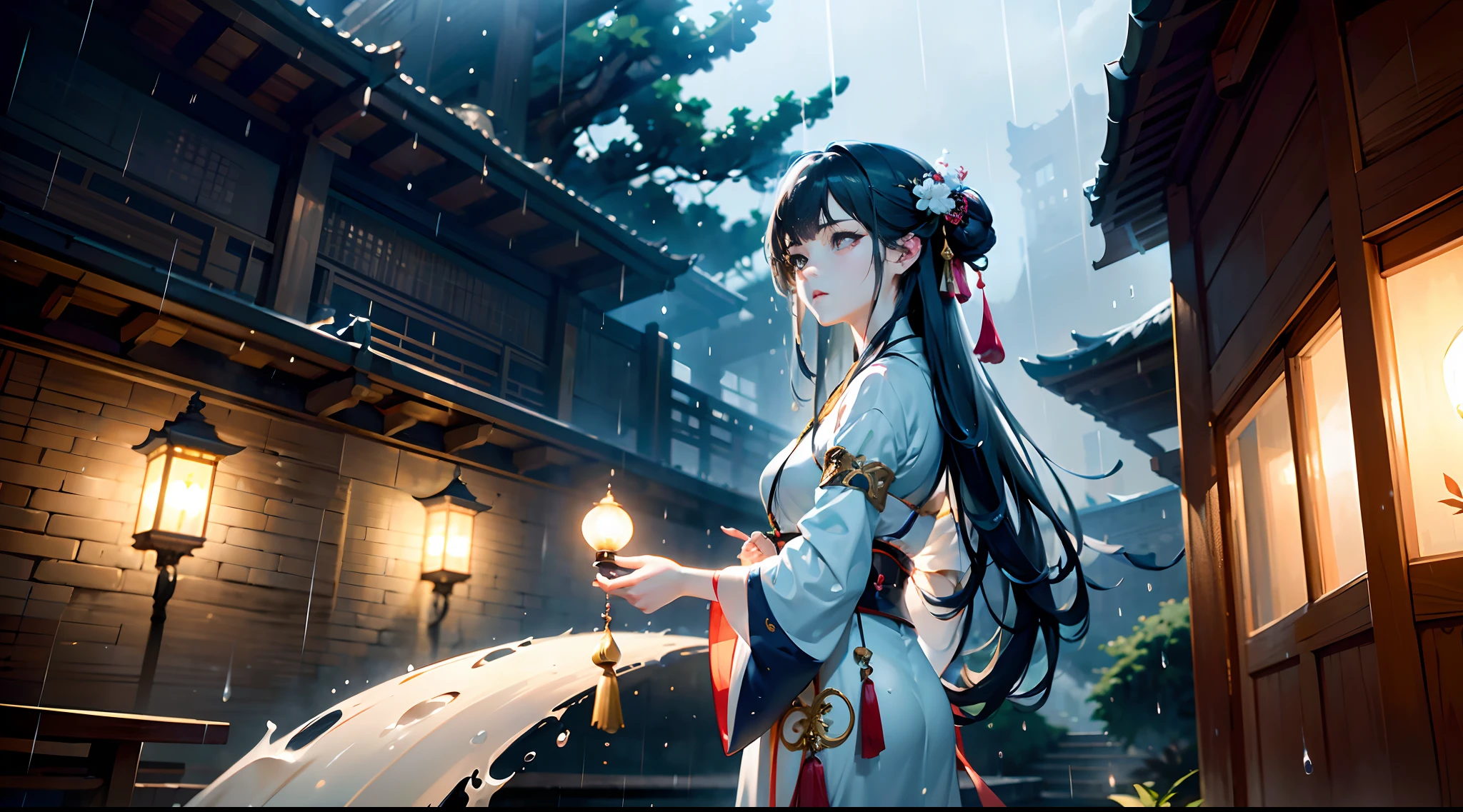 Best quality,masterpiece,ultra high res,photorealistic,1 girl,white silk Hanfu,dripping eaves,stone,setting under the eaves contemplating,(real rain),bamboo groves,small streams,leaning_back the wall,panorama,(dynamic angle)，