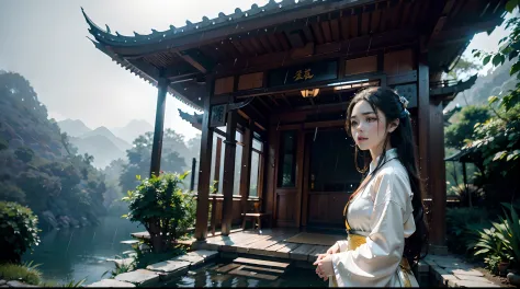 Best quality,Masterpiece,超高分辨率,Photorealistic,1 girl,White silk hanfu,Dripping eaves,stone,Thinking about the setting under the ...