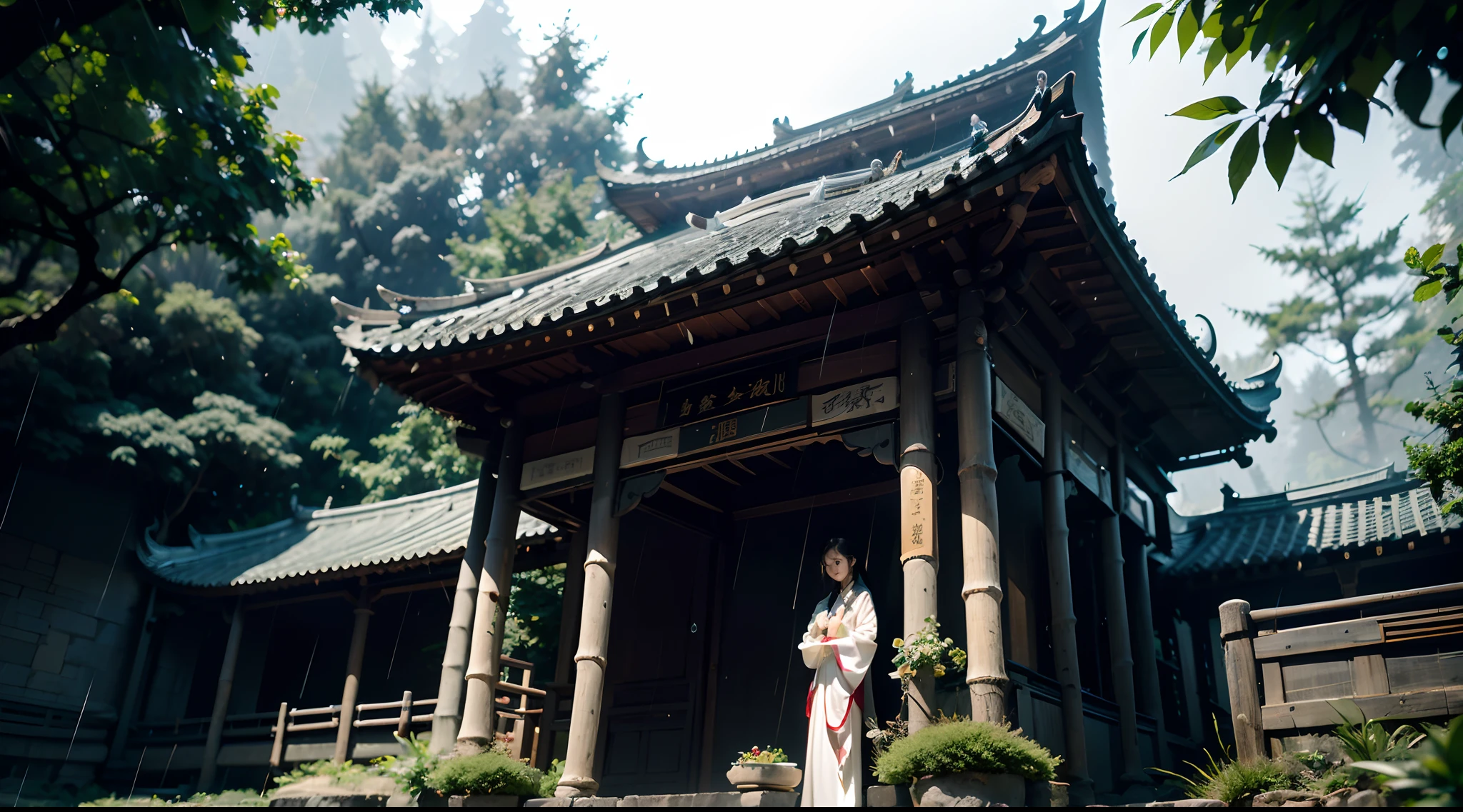 Best quality,Masterpiece,超高分辨率,Photorealistic,1 girl,White silk hanfu,Dripping eaves,stone,Thinking about the setting under the eaves,(Real rain),bamboo forrest,Small streams,Leaning_against a wall,in a panoramic view,(Dynamic Angle)，