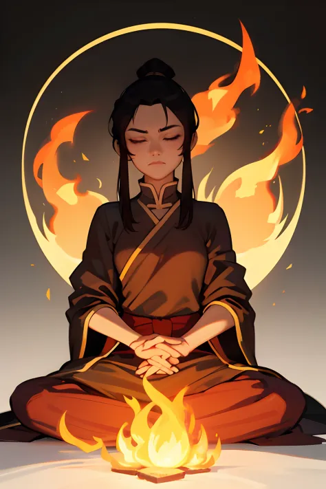 masterpiece, best quality, 1girl, azula, fire nation clothes, azula (avatar the last airbender), solo, black hair, fire, dark, l...