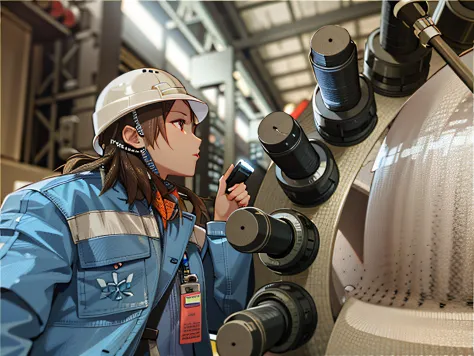 Female engineer in hard hat and blue jacket standing next to a large machine，View the machine with a flashlight in hand