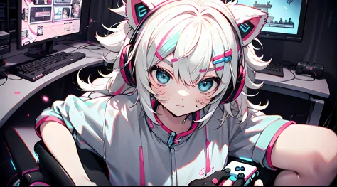 masutepiece, Best Quality, Colorful, Teenager with white hair, (((messy hair style))), 1 girl, Light blue slanted eyes, tusk, To...