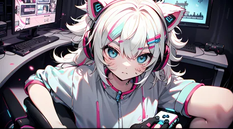 masutepiece, best quality, colorful, teenager with white hair, (((messy hair style))), 1 girl, light blue slanted eyes, tusk, to...