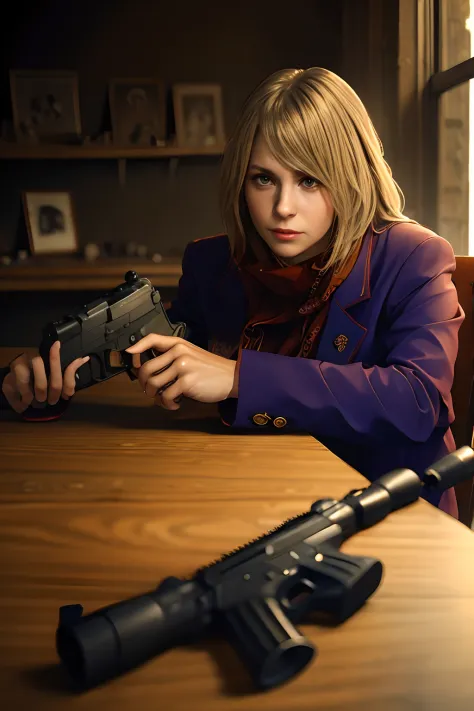 Ashley staring at a gun on a table, its a wide angle