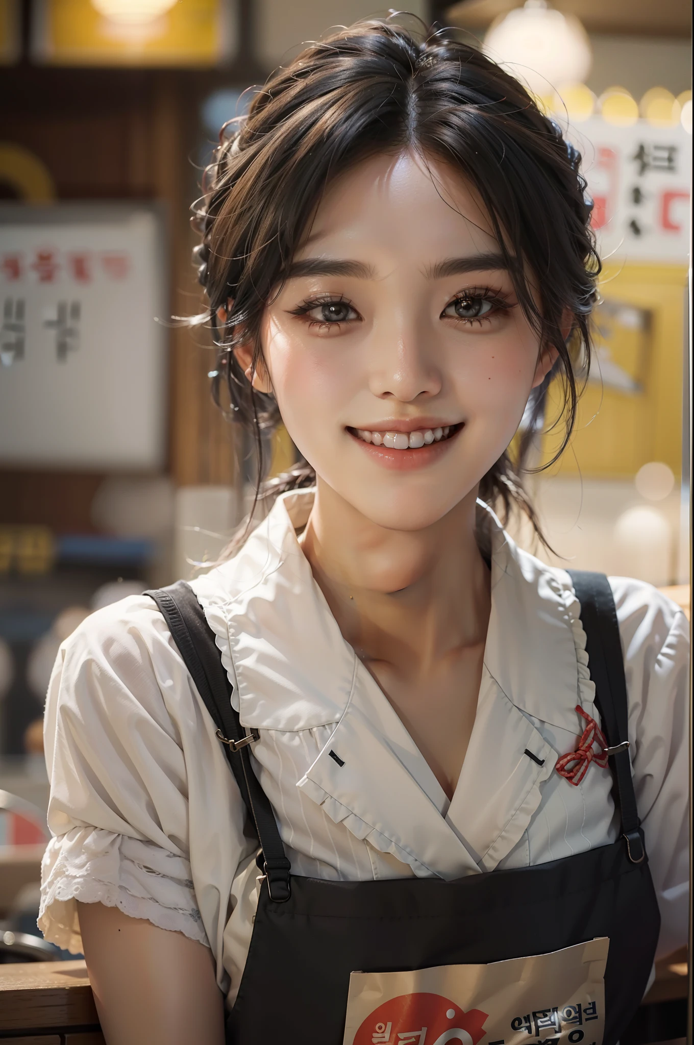 A close up of a woman wearing an apron and smiling - SeaArt AI