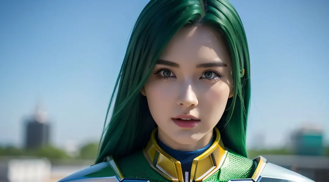 4k, realistic, carismatic, ighly detailed, there is a girl in the sky, wear power rangers, she is a power rangers, super hero th...