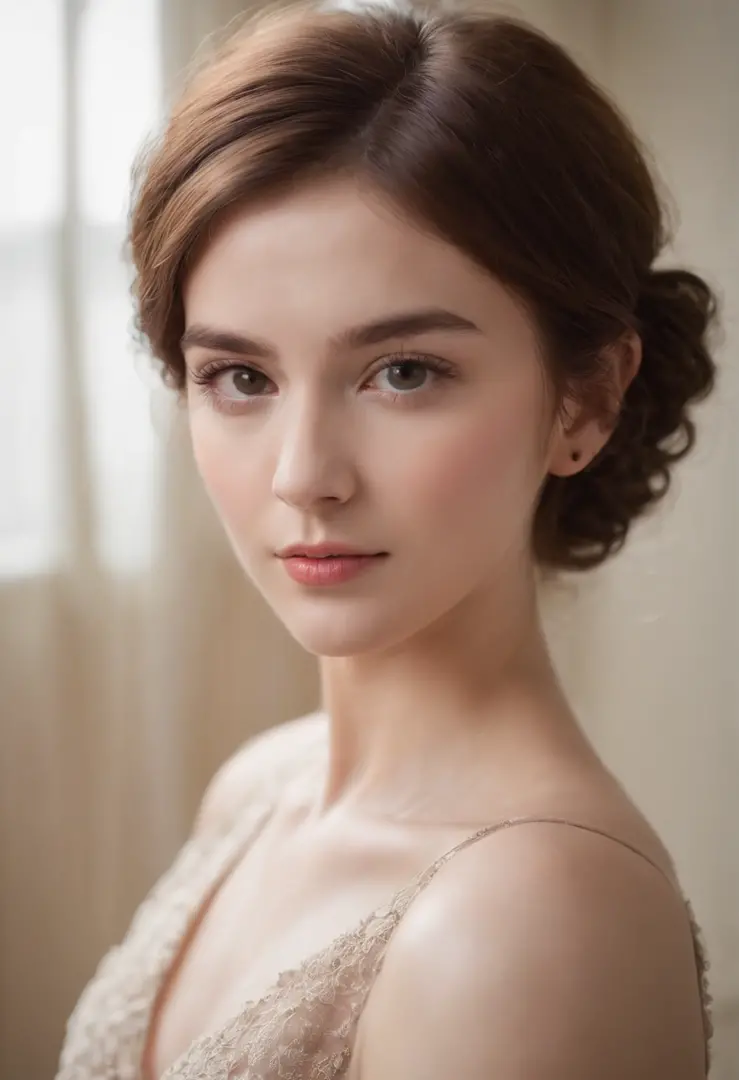 Do it in front of the table，Facing you，In a quiet room，Brown short-haired wool curly bust，HD camera，depth of fields，Delicate skin，The texture is clear，Big eyes and looks，portrait composition，Side lens，（Close-up Shot Shot：1.6），best qualtiy，f / 1 HD photogra...