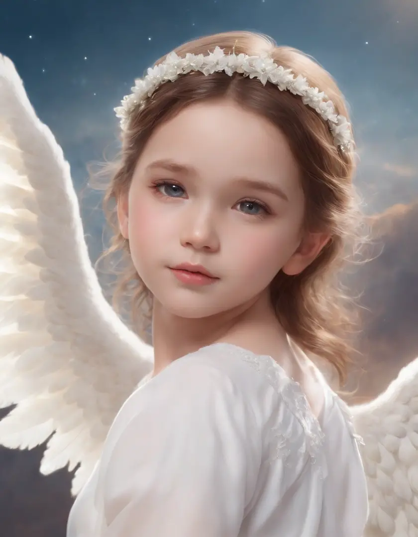 Masterpiece, absurdres, fine detail, HDR ,photorealistic,(adorable little angel:1.5),(desenho animado:1.3),(sky with starry clouds:1.2)，（ masterpiece,photorealistic,:1.4），(skin texture visible:1.5), (high quality), Fujifilm XT3,up close