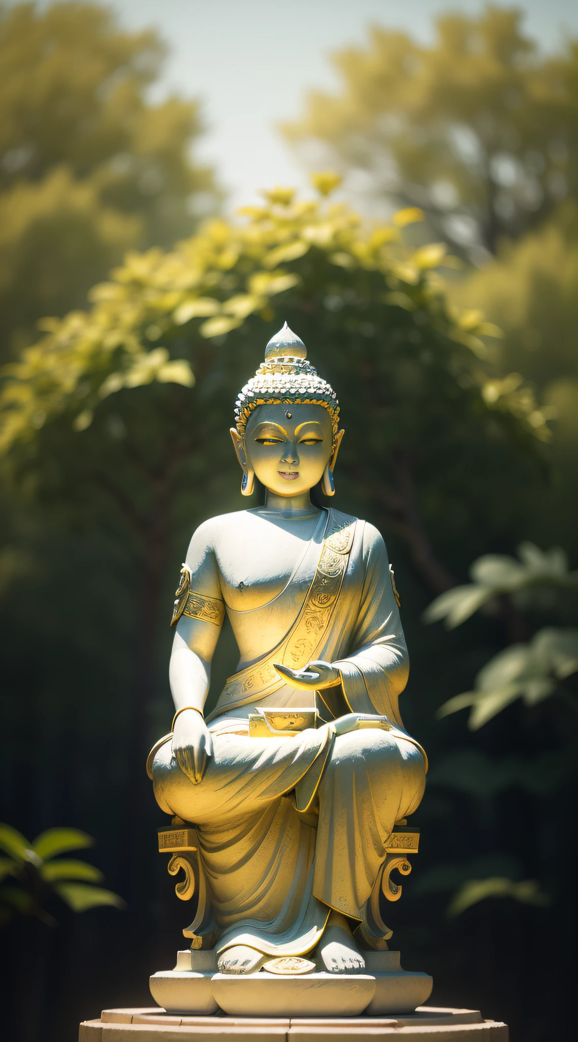 Best quality,8K,A high resolution,Masterpiece:1.2,Ultra-detailed,Sharp focus,Physically-based rendering,professional,Vivid colors,Bokeh,BUDDHA STATUE,Peaceful,serene,scenic landscape,Sunlight illuminating the statue,The gentle breeze rustles the leaves,surrounded by lush greenery,Historical significance,quiet and serene atmosphere,Loneliness and reflection,Historical landmarks,Spiritual journey,Magnificent majesty,Marble texture,Subtle patina,The ethereal glow of the statue,Hint of gold accents,Sublime beauty,Harmoniously balanced composition,majesticpresence,Awe-inspiring,A far-reaching vision,Impressive scale and height,Carved with intricate details,Serene facial expression,Serene expression,Peaceful smile,Lotus flowers around the statue,A glowing halo behind the Buddha,Ethereal and divine existence,Ethereal and mysterious atmosphere,Calm and meditative atmosphere,Serenity and peace of mind,Huge and magnificent,Mahayana,Spiritual enlightenment,Divine Ascension,A sanctuary of tranquil souls,An iconic symbol of spiritual awakening,Sacred pilgrimage site,spiritual significance,The human quest for meaning and enlightenment