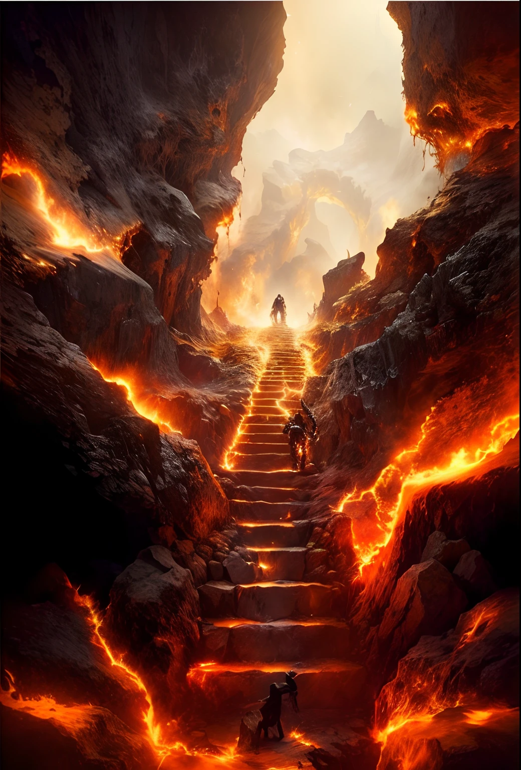 A man walks up the stairs in a cave, stairs from hell to heaven ...